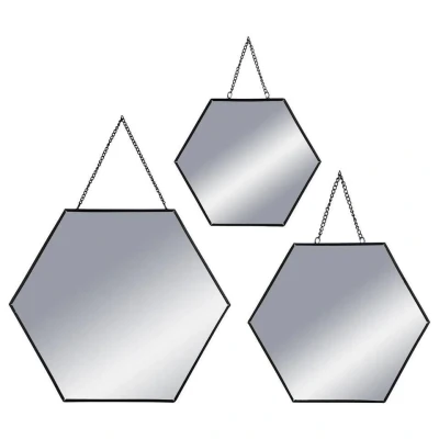 Afbeelding van Atmosphera Wandspiegel set 3 st hexagon zwart metaal