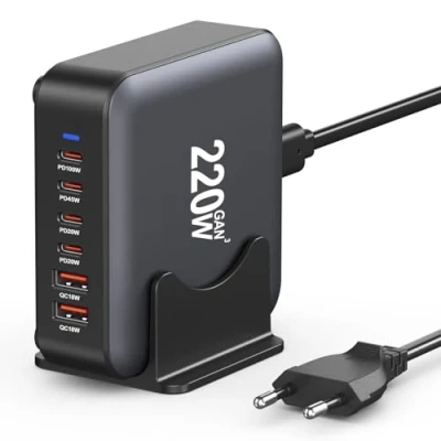 Afbeelding van Meervoudige USB C oplader, 220 W, 6 poorts laadstation【4 + 2 A】 hub snelle compacte GaN stroomadapter, PD voeding QC A C, compatibel met iPhone/iPad/Samsung/Laptop