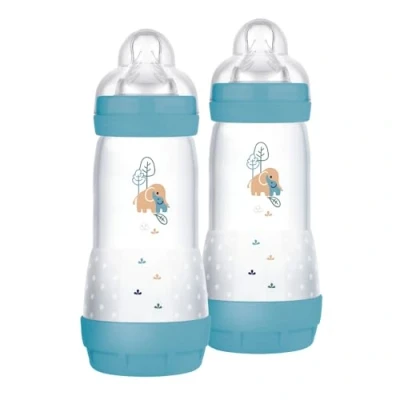 Afbeelding van MAM Easy Start Babyfles, set van 2 babyflessen voor kinderen vanaf 4 maanden, 320 ml, met zuignap Fluss 3 4+ SkinSoft siliconen, bio rond, groen