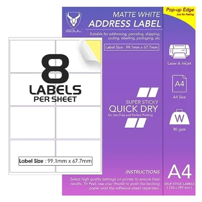 Afbeelding van 8 etiketten per A4 vel, 50 vellen 400 plakkerig label, afdrukbaar stickerpapier, iSoul mat zelfklevend adres mailing, verzending, laser en inkjetprinter compatibel [QuickDry]