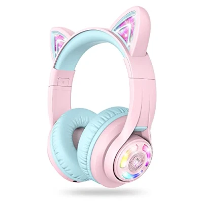 Afbeelding van iClever Hoofdtelefoon voor kinderen, kattenoren, led light up, bluetooth, draadloze opvouwbare hoofdtelefoon, over ear school, tafel, pc