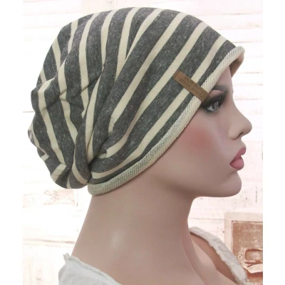Afbeelding van Katoenen chemomuts chemo muts beanie grijs gestreept maat one size