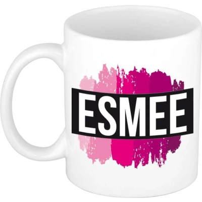 Afbeelding van Esmee Naam / voornaam kado beker mok roze verfstrepen Gepersonaliseerde met mokken