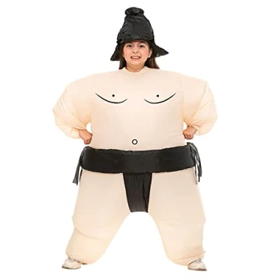 Afbeelding van Opblaasbaar sumokostuum voor kinderen, maat 120 tot 150 cm, opvallend kostuum carnaval, van zeer duurzaam polyester, aangenaam om te dragen, inclusief opblaassysteem, OriginalCup®
