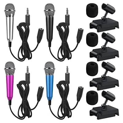 Afbeelding van Vegena Asmr mini microfoon, 4 stuks, draagbaar, microfoon voor mobiele telefoon, kleine karaoke telefoon met standen, laptop,