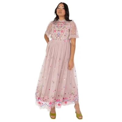 Afbeelding van Maya Deluxe Midaxi jurk voor dames, korte mouwen, ruches, hoge hals, geborduurde A lijn bruiloft, gast, gelegenheid, baljurk, Frosted Roze, 36