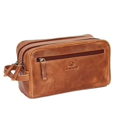 Afbeelding van ALMADIH Toilettas Pietro Premium rundleer reis was cosmetische scheerset tas hoogwaardig elegant praktisch dubbele ritssluiting unisex, Deluxe, Medium