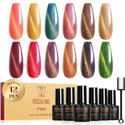 Afbeelding van ROSALIND Uv nagellakset, magnetisch, 12 kleuren, oranje, geel, blauw, bruin, rood, regenboog, Cat Eye gel, nagellak, kattenoog, soak off, mini kristal, cateye gouddraad, nail art
