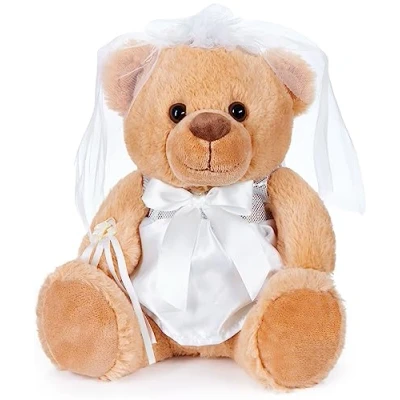 Afbeelding van BRUBAKER Teddybeer Bruid in Witte Trouwjurk Teddy Cadeau voor Huwelijk, Verloving en Vrijgezellenfeest Huwelijkscadeau Knuffeldier met Jurk, Sluier Bruidsboeket 25 cm