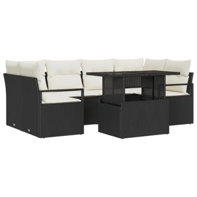 Afbeelding van vidaXL 7 delige tuinsofa set met kussens zwart poly rattan, 2 zits rattan