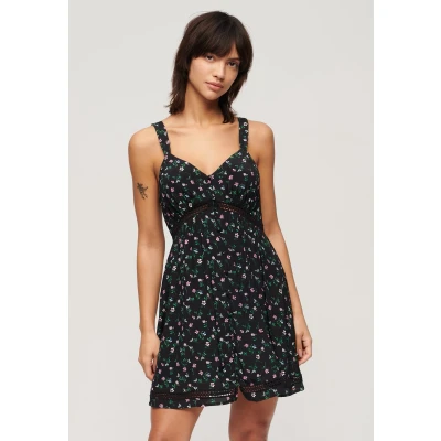 Afbeelding van Superdry Vrouwen Cami Jurk met V hals en Kanten Afwerking Zwart Grootte: 38