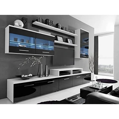 Afbeelding van lukmebel Woonwand BETA Wit Hoogglans Wandmeubel Aanbouw Media Wand TV Kabinet met LED Verlichting Woonkamerkast (Zwart Hoogglans)
