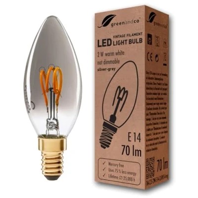 Afbeelding van greenandco® Vintage gloeidraad LED kaars zilvergrijs E14 2W 70lm 1800K extra warm wit 360 230V niet dimbaar