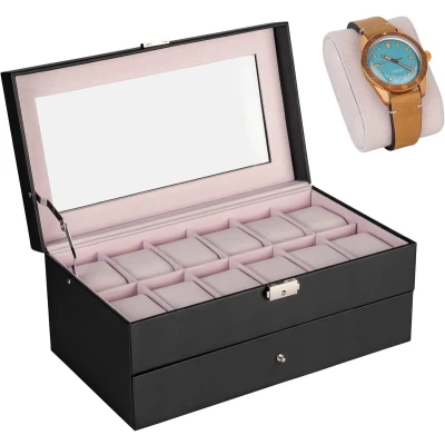 Afbeelding van Sieradendoos en horlogedoos, zwart 12 horloges opbergdoos sieradenopslag, opslaghorloges dames heren horlogedoos (roze)