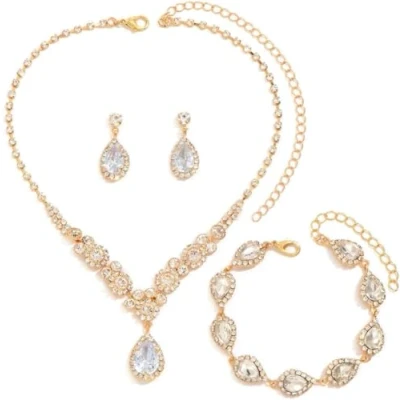 Afbeelding van FDEETY Sieraden Sets voor Vrouwen Strass Ketting Armband Dangle Oorbellen Bruid Bruidsmeisje Crystal Zirconia Bruids Bruiloft Sieraden, Zink Goud Edelsteen