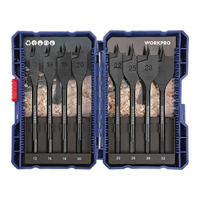 Afbeelding van WORKPRO 8 delige set platte freesboren, 1/4 inch zeskantschacht, 12 mm/16 mm/18 mm/20 mm/22 mm/25 mm/28 mm/32 mm, lengte 150 houtboor met opbergkoffer