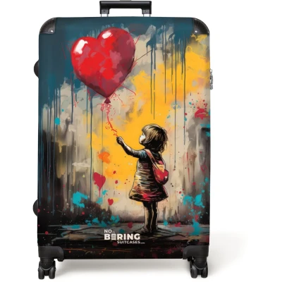 Afbeelding van NoBoringSuitcases.com® Koffer groot Reiskoffer lichtgewicht Meisje met ballon in graffiti stijl Rolkoffer 4 wielen Grote trolley XL 98 liter bagage