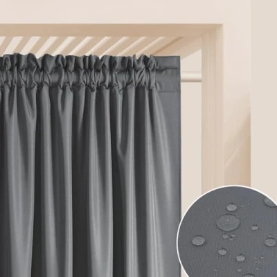 Afbeelding van ROOM99 Outdoorgordijn met plooiband, Garden Line, 155 x 220 cm breed hoogte, outdoorgordijn, weerbestendig, waterdicht, inkijkbescherming, zonwering, voor tuin, winddicht, donkergrijs, 1 stuks