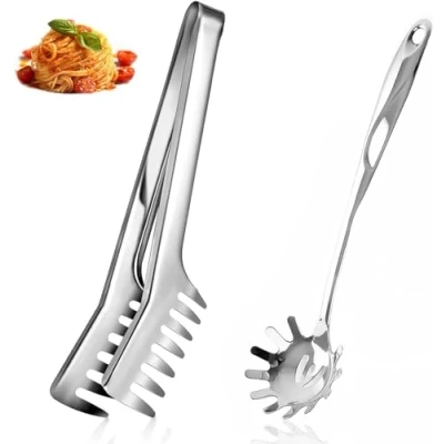 Afbeelding van Roestvrijstalen Pasta Server Set, spaghettitang, Spaghetti Lepel, keukenhulp met ergonomische greep, Getande Einden Ontwerp Keukengereedschap