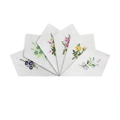 Afbeelding van Pack van 6 Dames/Dames Witte Zakdoeken, Bloemen Geborduurde Collectie Met Satijn Streep Randen, 100% Katoen, 29 x 29cm, Wit, one size