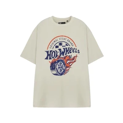 Afbeelding van Hot Wheels Heren T shirt met korte mouwen Origineel stuntgrafisch in havermout vintage logo kleding Retro race thema top voor heren, Beige, M