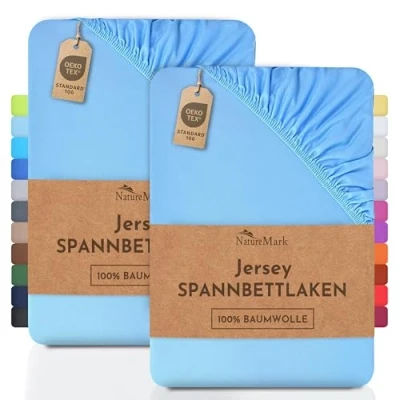 Afbeelding van NatureMark Set van 2 jersey hoeslakens, 100% katoen, verschillende maten en kleuren, merkkwaliteit, Öko Tex standaard 100, 70 x 140 cm, lichtblauw