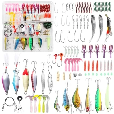 Afbeelding van TUXIBIN Aasset met 101 stuks voor lokken van vissen, kit gemengd, universeel, multifunctioneel visaas inclusief spinners, wormen, lepels, hard aas, zinkaas