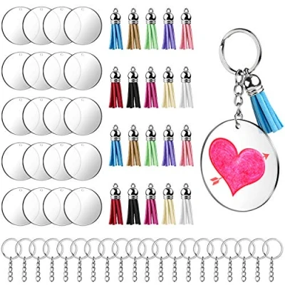 Afbeelding van 60 Stuks DIY Sleutelhanger Acryl, Transparante Acryl Sleutelhangers met Kwasthanger, Sleutelhanger, Sleutelhangerset Blanks Voor Doe Het Zelf Projecten en Ambachten (Ronde)