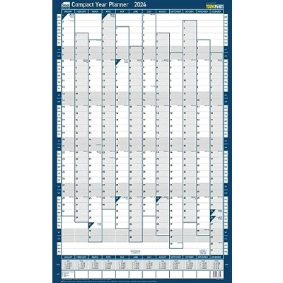 Afbeelding van Sasco 2024 Compacte jaarlijkse muurplanner, papieren mini whiteboard poster stijl droog uitwisbare kalender, kleine wandplanner met pen en stickers, wandkaart notitiebord, portret, blauw, 405 x 610