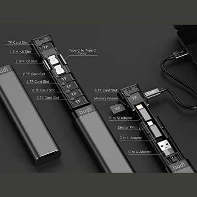 Afbeelding van BUDI USB C Micro SD kaartlezer 9 in 1 opbergstick Nano Sim / Apple
