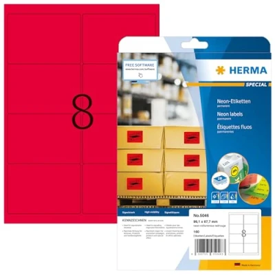 Afbeelding van HERMA 5046 neon etiketten A4 (99,1 x 67,7 mm, 20 vellen, papier, mat) zelfklevend, bedrukbaar, permanent klevende gekleurde etiketten, 160 voor printer, neonrood