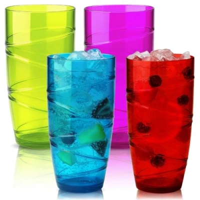 Afbeelding van HEFTMAN Set van 4 plastic bekers 550 ml acryl bekerglazen met wervelend ontwerp herbruikbare glazen voor tuin, picknicks, kamperen, barbecues, feesten stuks (Gekleurd)