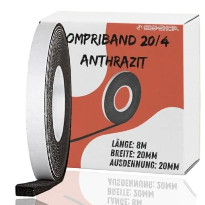 Afbeelding van S&amp;S Shop Compriband 8 m lang, 20/4 antraciet, uitgebreid van 4 tot 20 mm, voegbreedte rolbreedte acryl 300, voegenband, bronband, afdichtband