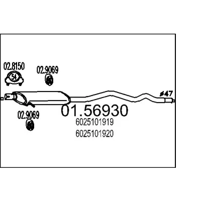 Afbeelding van MTS 01.56930 Middendemper 1690mm RENAULT: Espace II (J63/S63) 2.0, 2.1 TD, 2.2, 2.8 V6 1991 1996