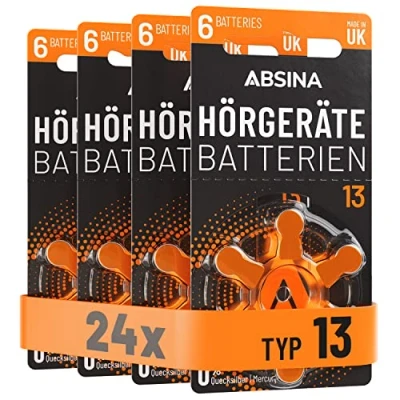 Afbeelding van ABSINA Gehoorapparaatbatterijen, 13, 24 stuks, met goed grijpbare beschermfolie, gehoorapparaten, batterijen, 13 zinklucht 1,45 V, type oranje, PR48, ZL2, P13