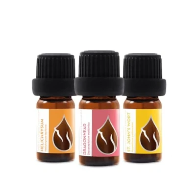 Afbeelding van Set &quot;Gloeiende huid&quot; Biologische Etherische Oliën Helichrysum + Moldavische Drakenkop St. Janskruid 100% Puur en Natuurlijk Onverdund Therapeutische kwaliteit Niet GMO (3 stuks x 5 ml)