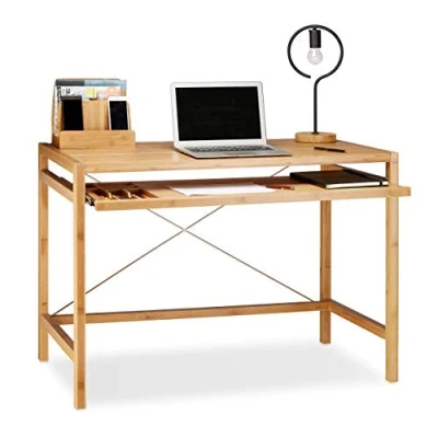 Afbeelding van Relaxdays computertafel, met uitschuifblad voor toetsenbord, organizer, bamboe, HBD: 76,5 x 106,5 55,5 cm, natuur