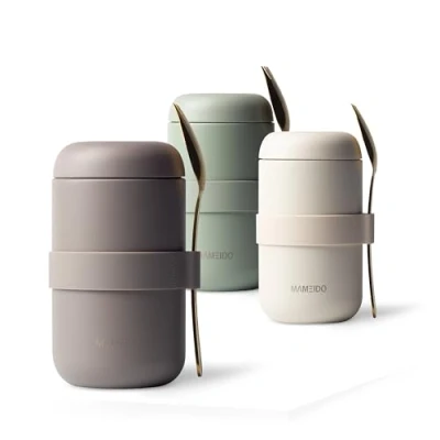 Afbeelding van MAMEIDO Thermische Voedselcontainer 500ml, houd voedsel warm, BPA vrij voor cornflakes, yoghurt, babyvoeding, pap, havermout, ijs en soep (Taupe Grey, 0,5l)