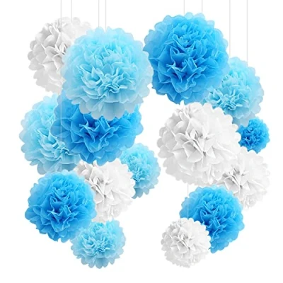 Afbeelding van YBwanli 24 stuks zijden papieren pompon, blauwe bruiloftsdecoratie, zijdepapier, decoratie voor jongens en meisjeskamer, lantaarn, doopdecoratie, meisjesdecoratie