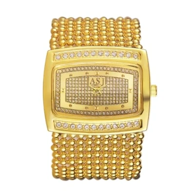 Afbeelding van JewelryWe dameshorloge elegant analoog kwarts polshorloge 30 m waterdicht strass rechthoekig casual met grote pantserketting metalen armband goud/zilver, Gouden brede parelarmband