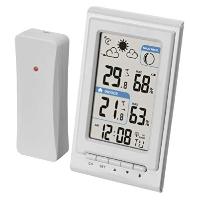 Afbeelding van EMOS Mini draadloos weerstation met buitensensor, meet binnen en buitentemperatuur, vochtigheid, weersvoorspelling, radiogestuurde klok wekker