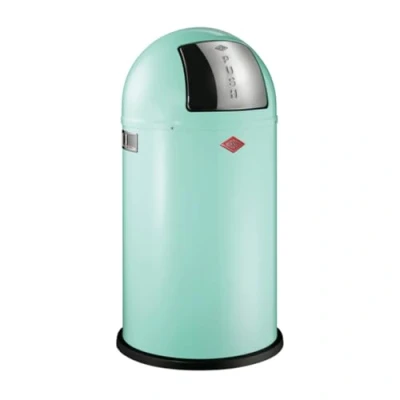 Afbeelding van Wesco Pushboy vuilnisemmer in de kleur mint, gepoedercoat plaatstaal, 50 liter volume, grote roestvrijstalen klep, uitneembare binnenbak