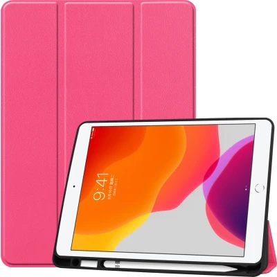 Afbeelding van Tablet Hoes geschikt voor iPad 2021 / 2020 2019 met Apple Pencil Houder &amp; Auto Sleep/Wake functie Tri Fold book Case 10.2 inch Magenta