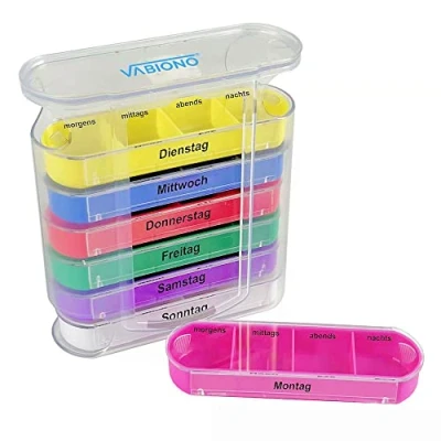 Afbeelding van VABIONO® Pillendoos pillendoosje tablettenbox medicijnbox Color 7 dagen 4 vakken tablettendoos wekelijkse doseerder week (&#039;s morgens &#039;s middags avonds nachts)