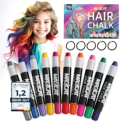 Afbeelding van Magicat Premium haarkrijt voor meisjes, 10 kleuren en 5 haarelastiekjes, uitwasbaar niet giftig, ideaal creativiteit plezier, kinderen, testgel, instituut Note 1,2