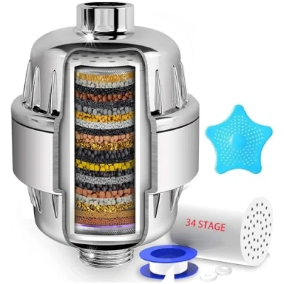 Afbeelding van 34 traps douchefilter met vitamine C voor hard water waterontharder douchekopfilter vervangbaar meertraps filterpatroon om chloor en zware metalen te verwijderen