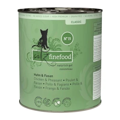 Afbeelding van catz finefood Classic N 15 Kip &amp; Fasan Kattenvoer, natvoer voor je kat zonder suiker en granen, glutenvrij, met een hoog vleesgehalte, Made in Germany, 6 x 800 g blikjes