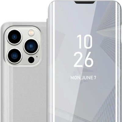 Afbeelding van Cadorabo Hoesje geschikt voor Apple iPhone 14 PRO in AGAAT ZILVER Clear View Spiegel Beschermende Case met Tribunefunctie 360 Graden Bescherming Book Cover Etui