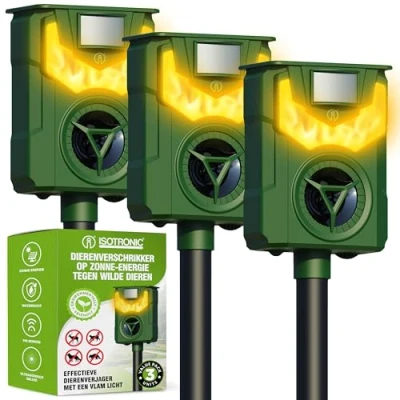 Afbeelding van ISOTRONIC Dierenverjager op zonne energie met frequentie + vlamlicht, tegen wilde dieren zoals wasberen, herten, vossen, zwijnen, effectieve dierenafweer, 3 stuks