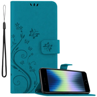 Afbeelding van Cadorabo Hoesje geschikt voor iPhone SE4 in BLOEMEN BLAUW Beschermhoes bloemmotief met magnetische sluiting, standfunctie en kaartsleuven Book Case Cover Etui